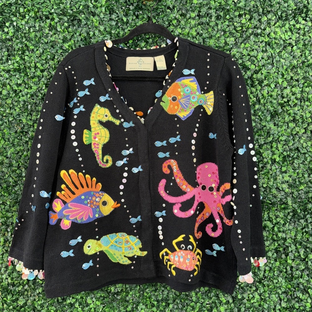 Vintage Design Options Phillip Jane Gordon Black Sea World Sweater Women's M